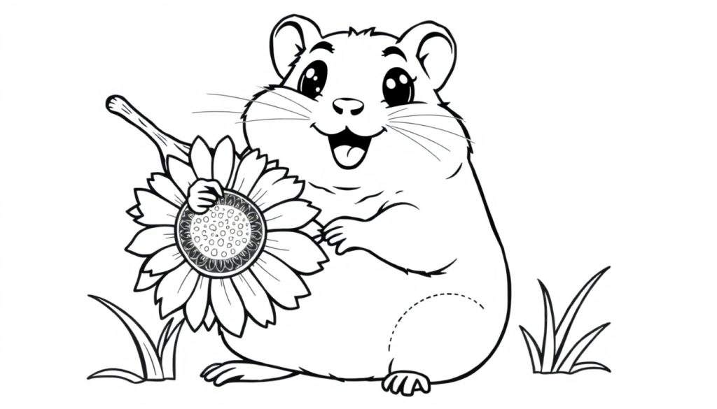A black and white cartoon of a happy hamster holding a sunflower, perfect for a coloring panel.