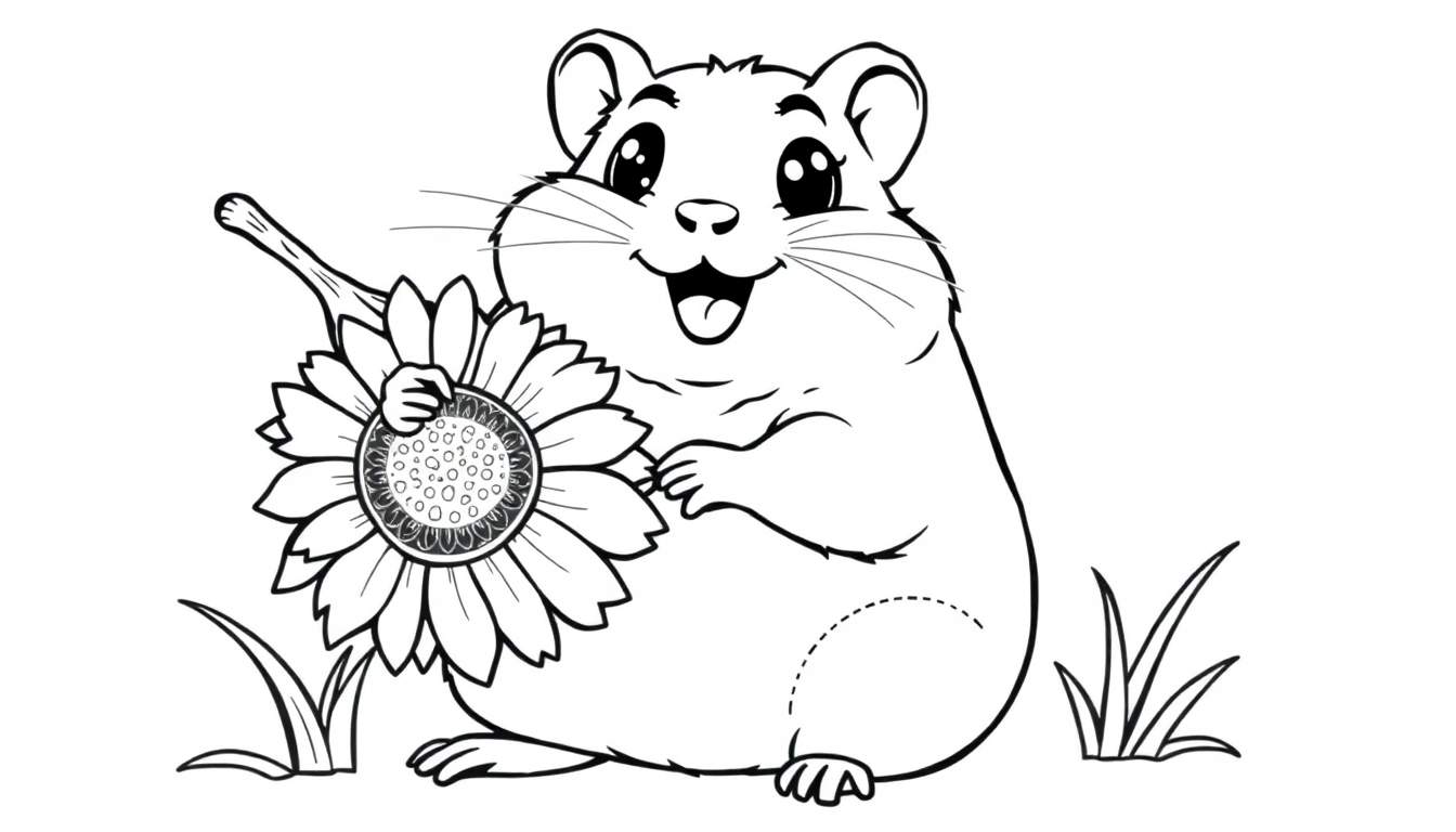 A black and white cartoon of a happy hamster holding a sunflower, perfect for a coloring panel.