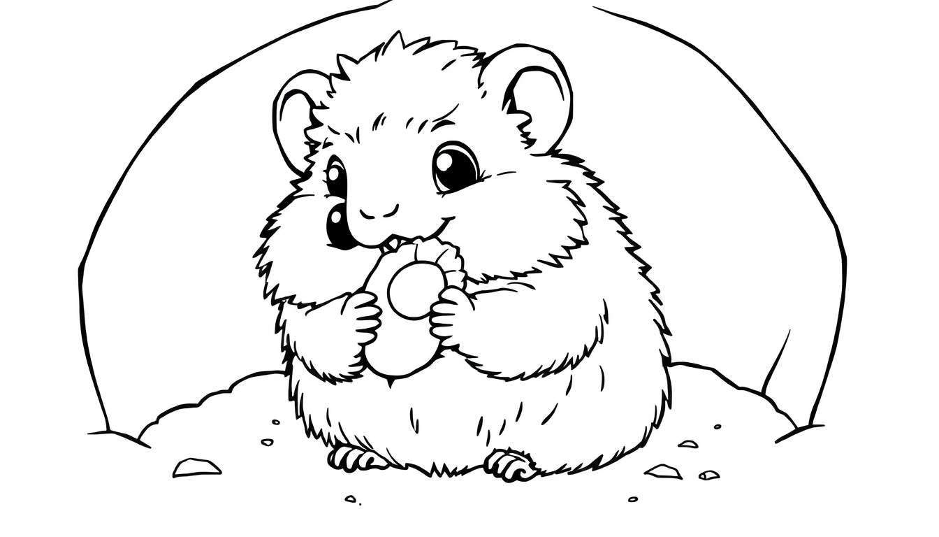 Cute hamster in a burrow, a black and white coloring panel.