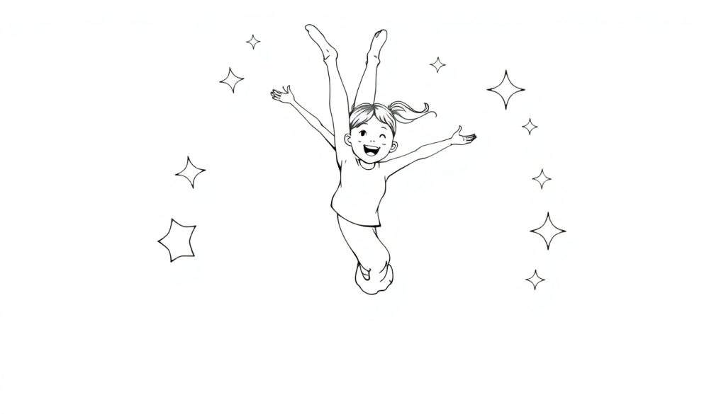 A black and white color panel of a happy girl doing a handstand with stars and sparkles.