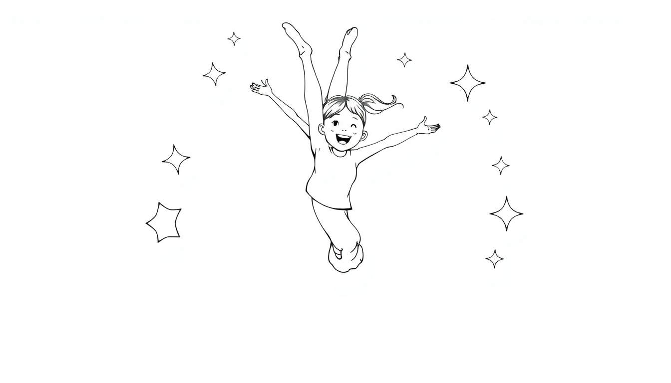 A black and white color panel of a happy girl doing a handstand with stars and sparkles.