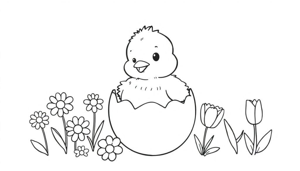 A cute chick peeking out of an eggshell, surrounded by flowers, a black and white color panel.