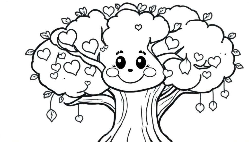 A happy tree in a color panel, with heart-shaped leaves falling.