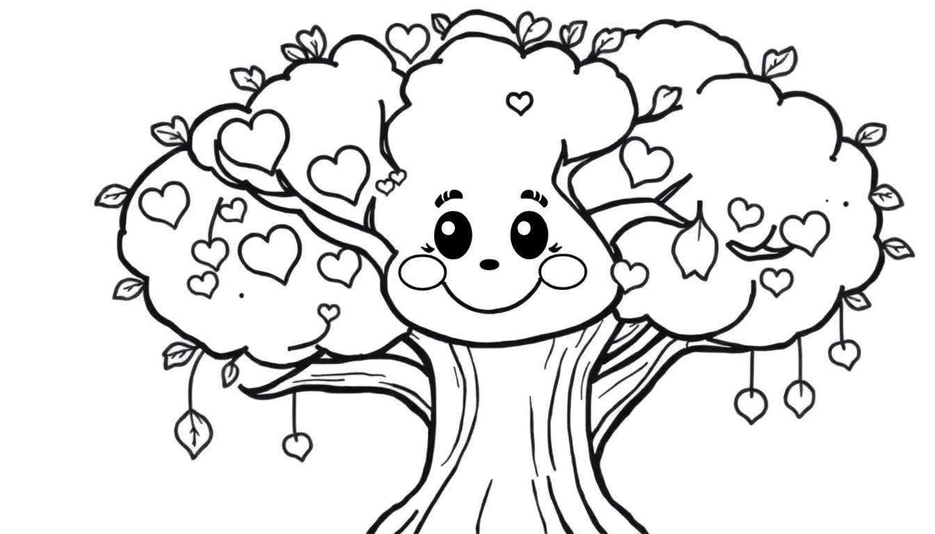 A happy tree in a color panel, with heart-shaped leaves falling.