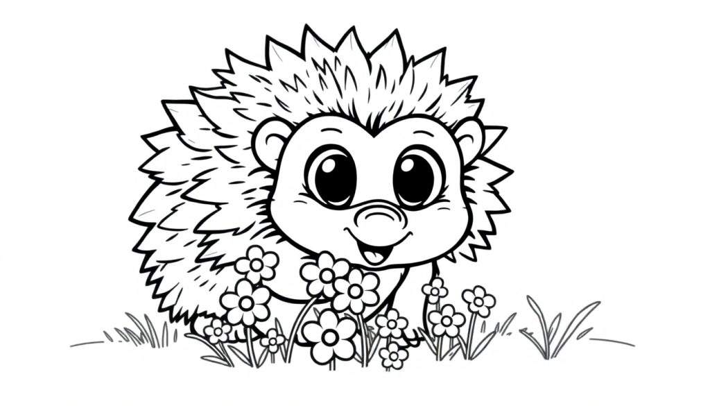 A cute black and white line drawing of a hedgehog sitting amongst flowers and grass, perfect for a color panel.