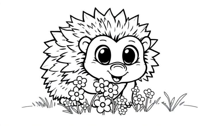 A cute black and white line drawing of a hedgehog sitting amongst flowers and grass, perfect for a color panel.