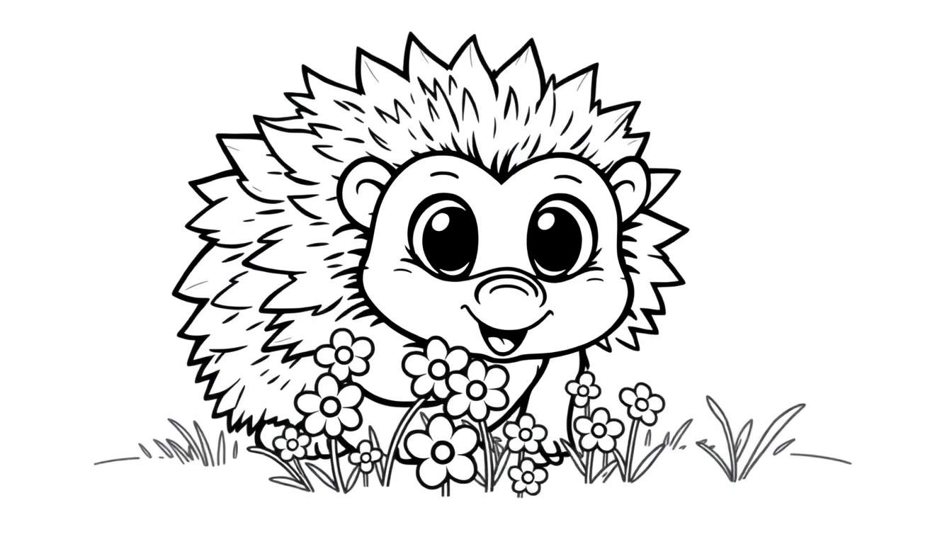 A cute black and white line drawing of a hedgehog sitting amongst flowers and grass, perfect for a color panel.