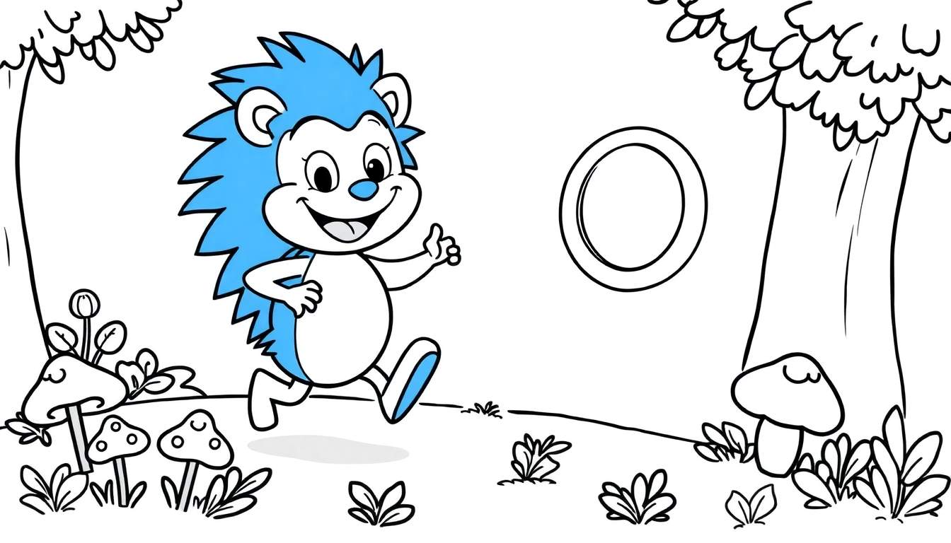 A blue hedgehog running through a forest, giving a thumbs-up, on a black and white coloring panel.