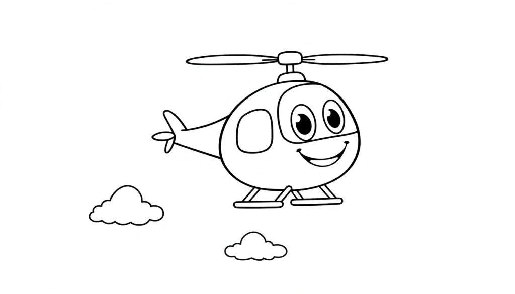A friendly cartoon helicopter with a smiling face, ready for coloring. Black and white outline color panel.