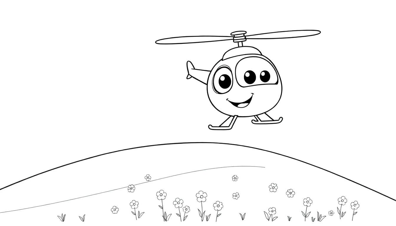 A friendly cartoon helicopter on a grassy hill, perfect for a color panel.