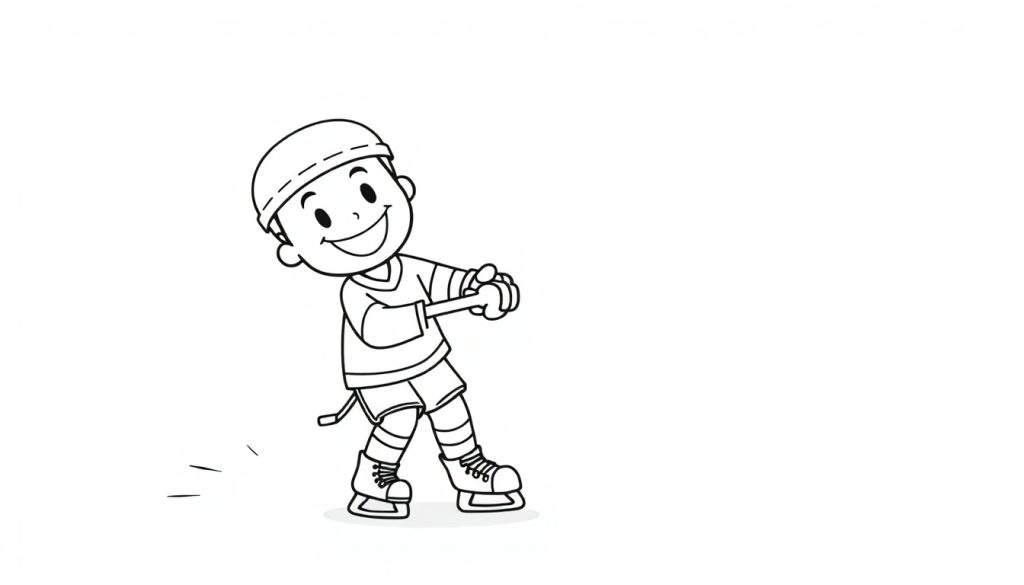 A cute cartoon boy playing hockey, ready to score, in a black and white color panel.