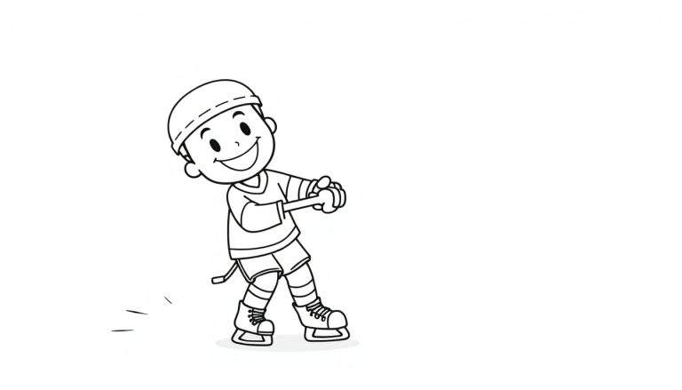 A cute cartoon boy playing hockey, ready to score, in a black and white color panel.