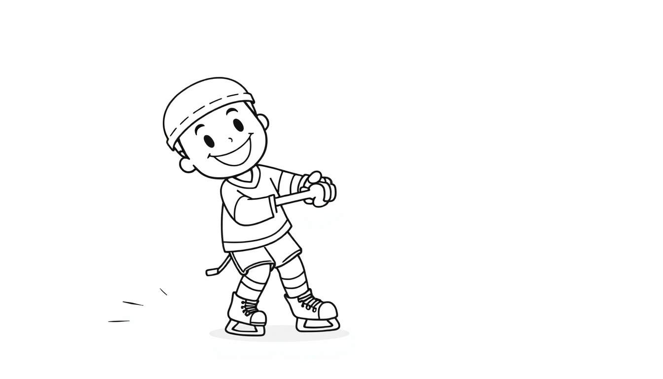 A cute cartoon boy playing hockey, ready to score, in a black and white color panel.
