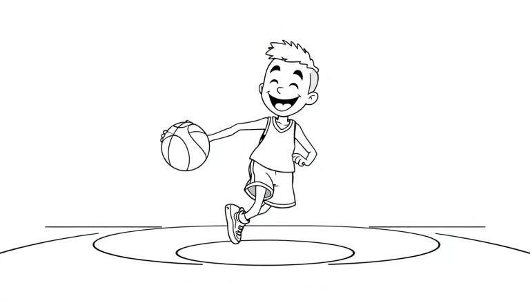 A happy boy jumping with a basketball, a black and white coloring panel.