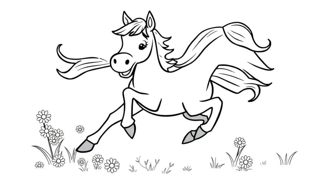 A happy cartoon horse prancing in a flower field, a black and white color panel.