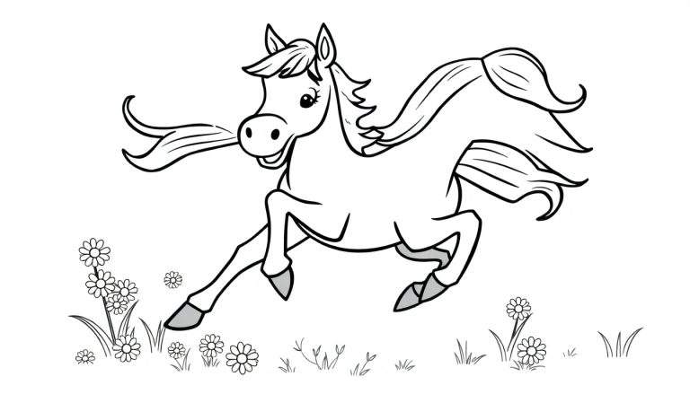 A happy cartoon horse prancing in a flower field, a black and white color panel.