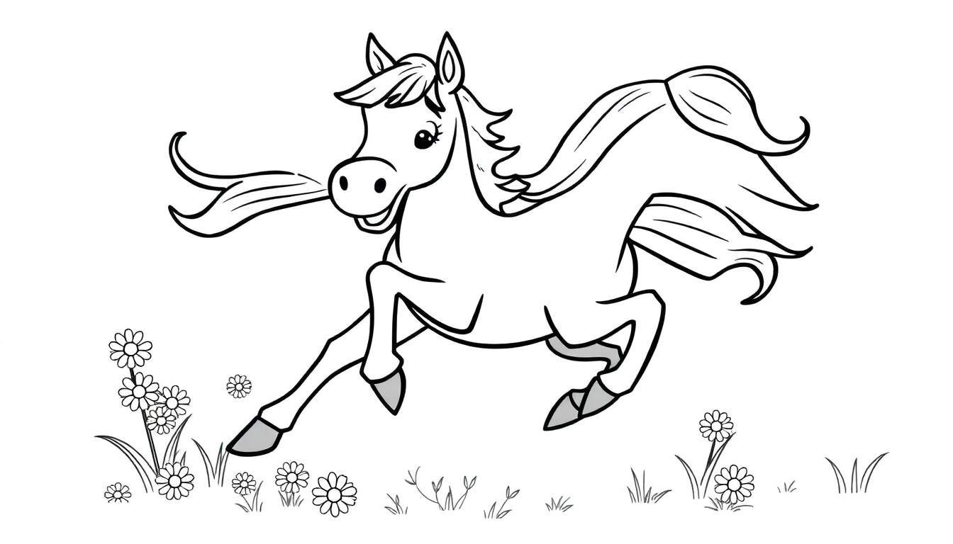 A happy cartoon horse prancing in a flower field, a black and white color panel.