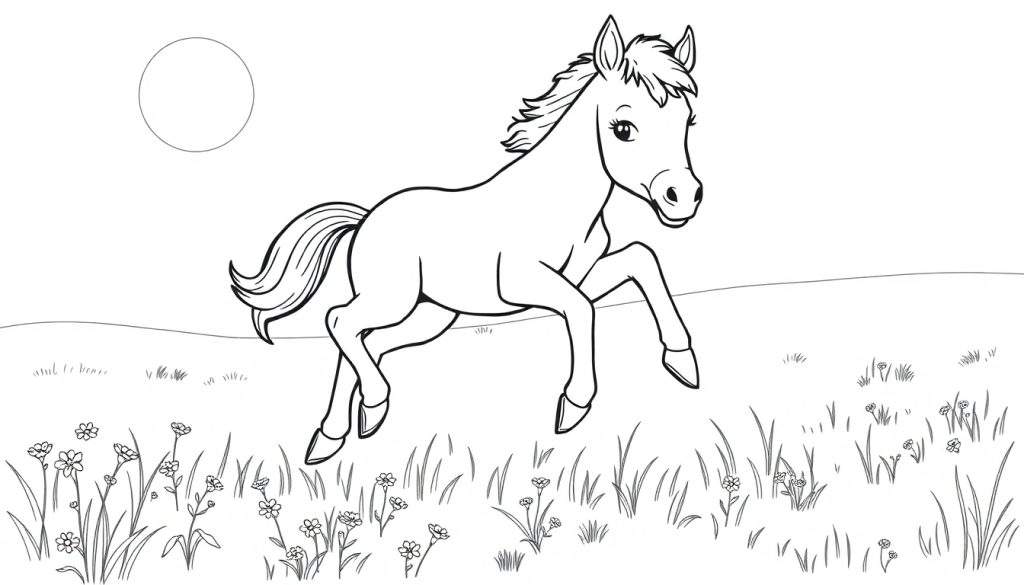 A black and white drawing of a baby horse jumping in a meadow, perfect for a color panel.