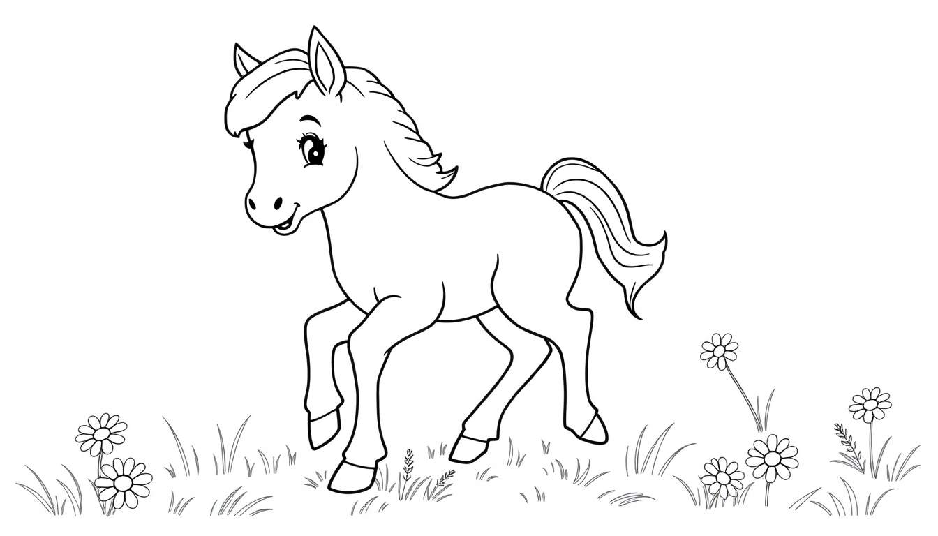 A cute cartoon horse ready for coloring, standing in a field of flowers. A fun color panel for kids.