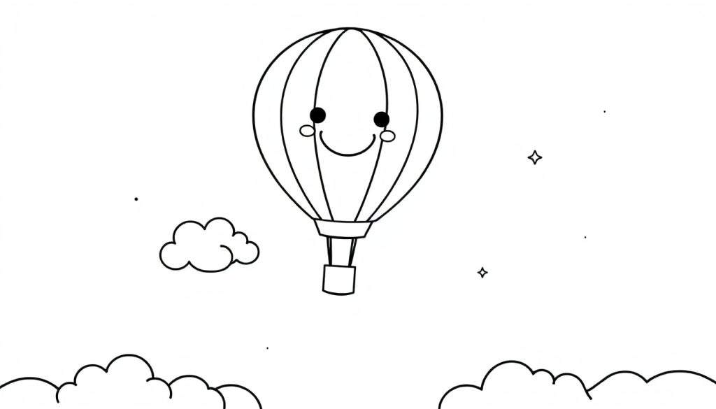 A black and white cartoon hot air balloon with a smiling face, floating among clouds, on a color panel.