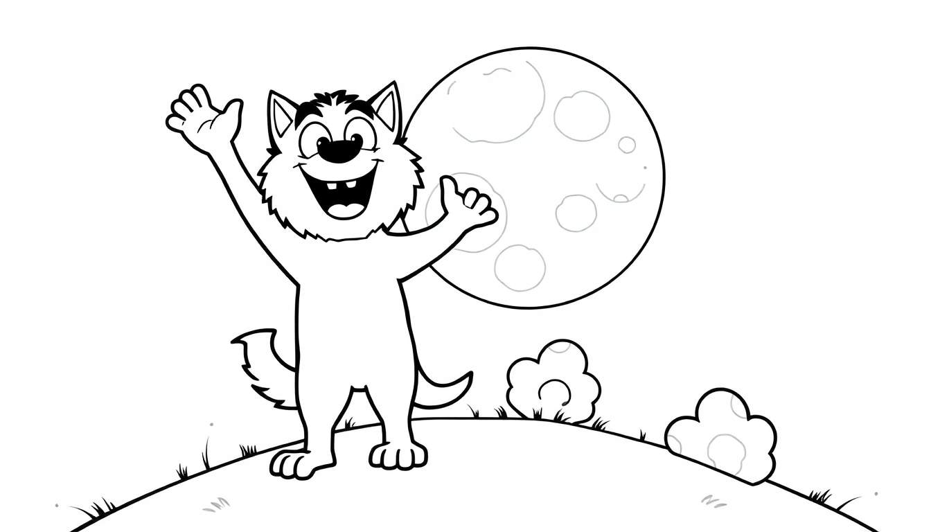 A friendly black and white cartoon werewolf smiling and raising its arms on a hill under a full moon, a coloring panel.