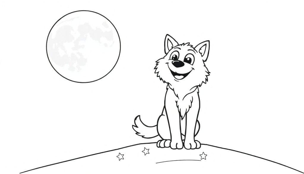 A friendly cartoon werewolf sits on a hill under a full moon, howling. This black and white color panel is ready for coloring.