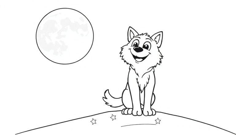 A friendly cartoon werewolf sits on a hill under a full moon, howling. This black and white color panel is ready for coloring.