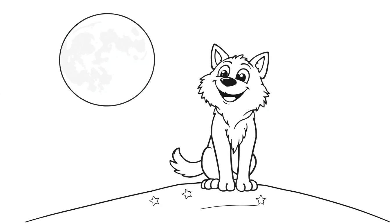 A friendly cartoon werewolf sits on a hill under a full moon, howling. This black and white color panel is ready for coloring.