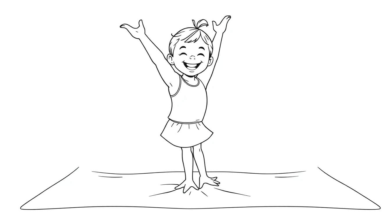 A happy girl jumping on a trampoline in a black and white color panel drawing, ready for coloring.