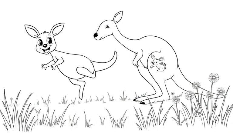 A black and white cartoon color panel of a small kangaroo jumping happily next to its larger mom, who has a joey in her pouch, in a meadow with grass and dandelions.