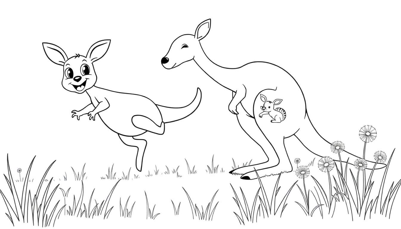A black and white cartoon color panel of a small kangaroo jumping happily next to its larger mom, who has a joey in her pouch, in a meadow with grass and dandelions.