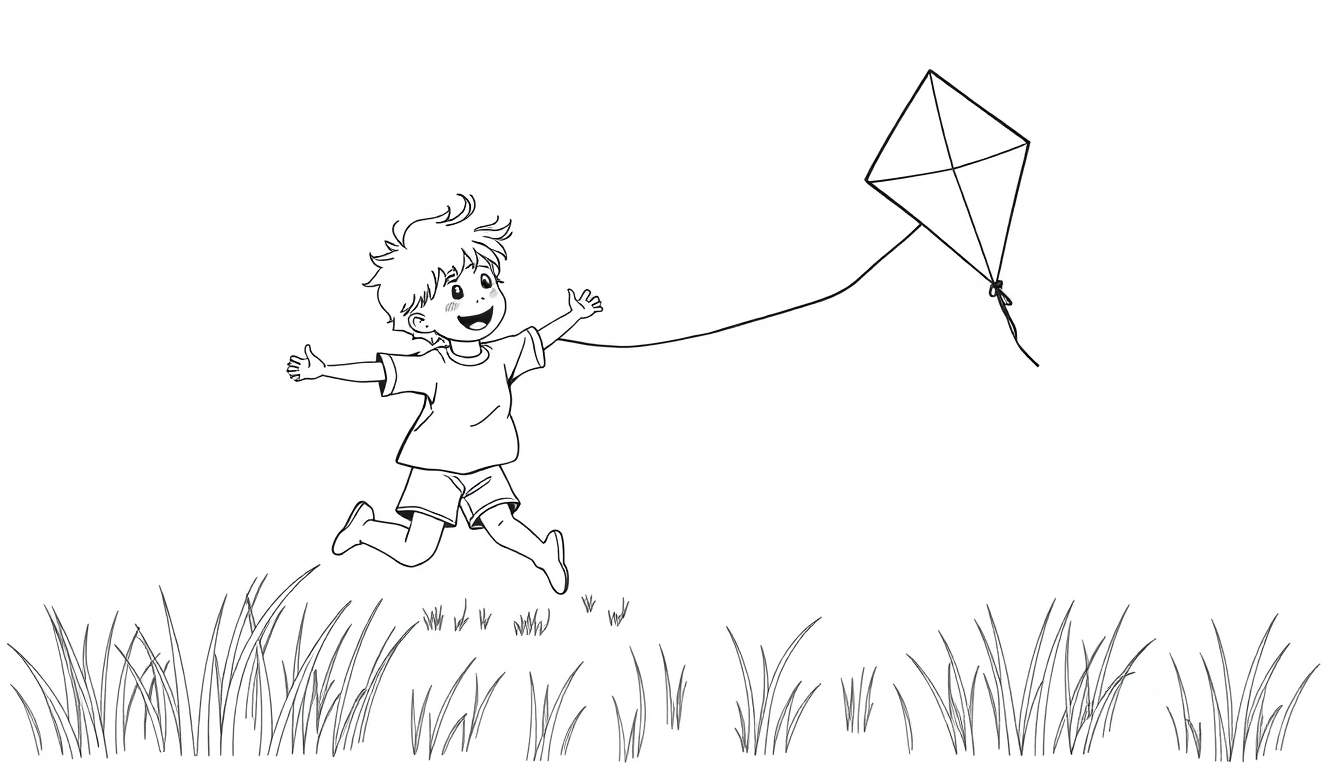 A boy joyfully flying a kite in a field, a black and white color panel.