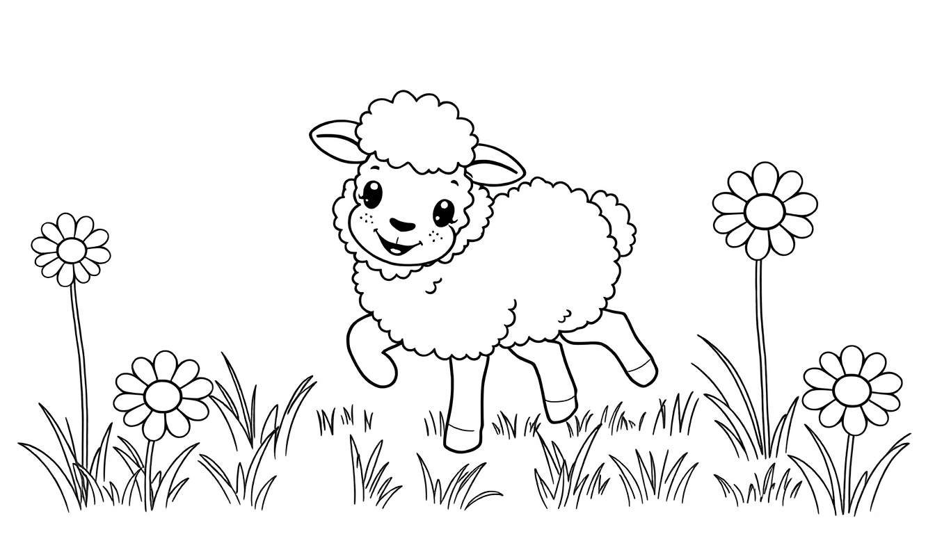 A cute black and white drawing of a lamb prancing in a field of daisies, perfect for a color panel.