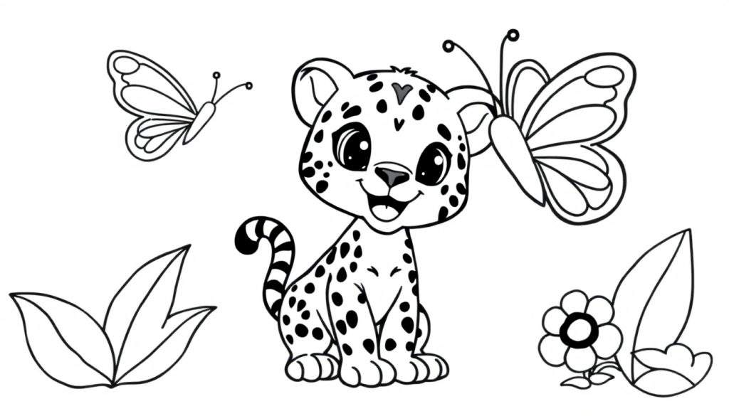 A cute leopard cub coloring page with butterflies and flowers.