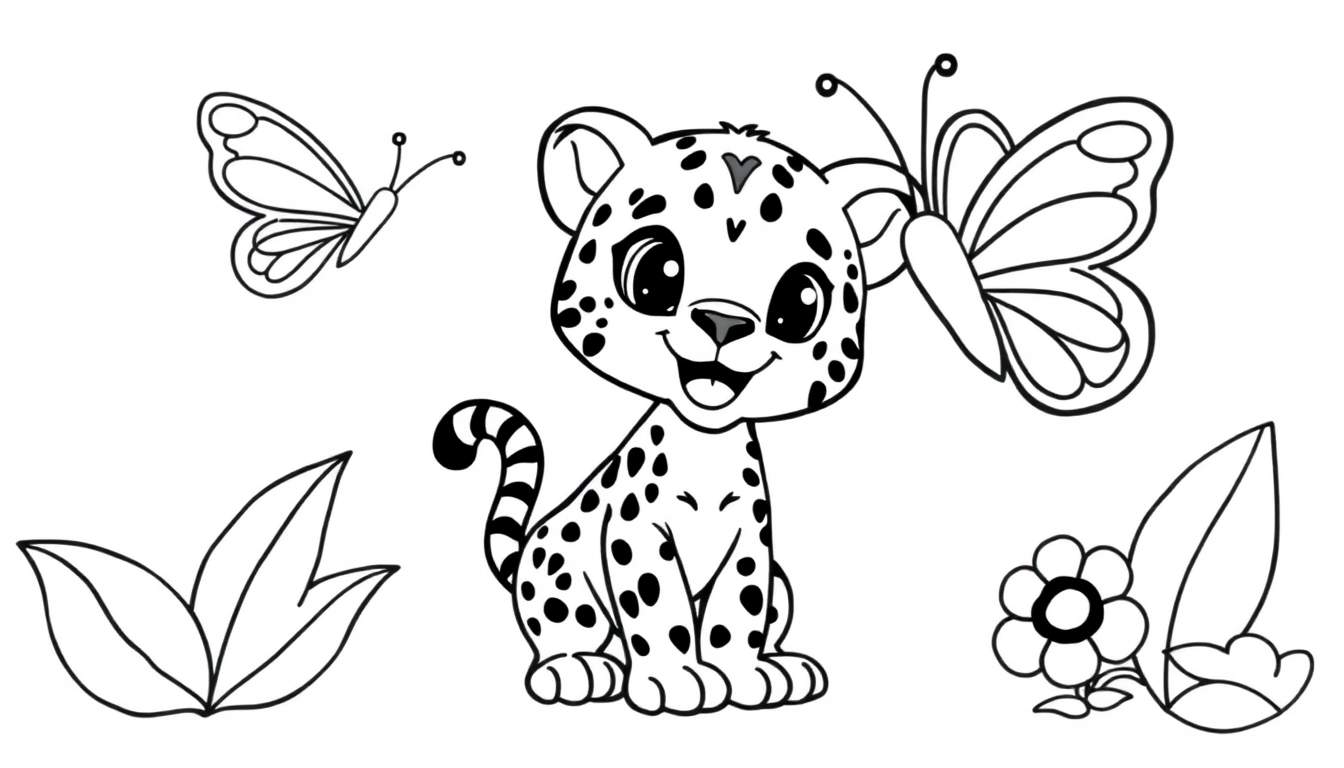 A cute leopard cub coloring page with butterflies and flowers.
