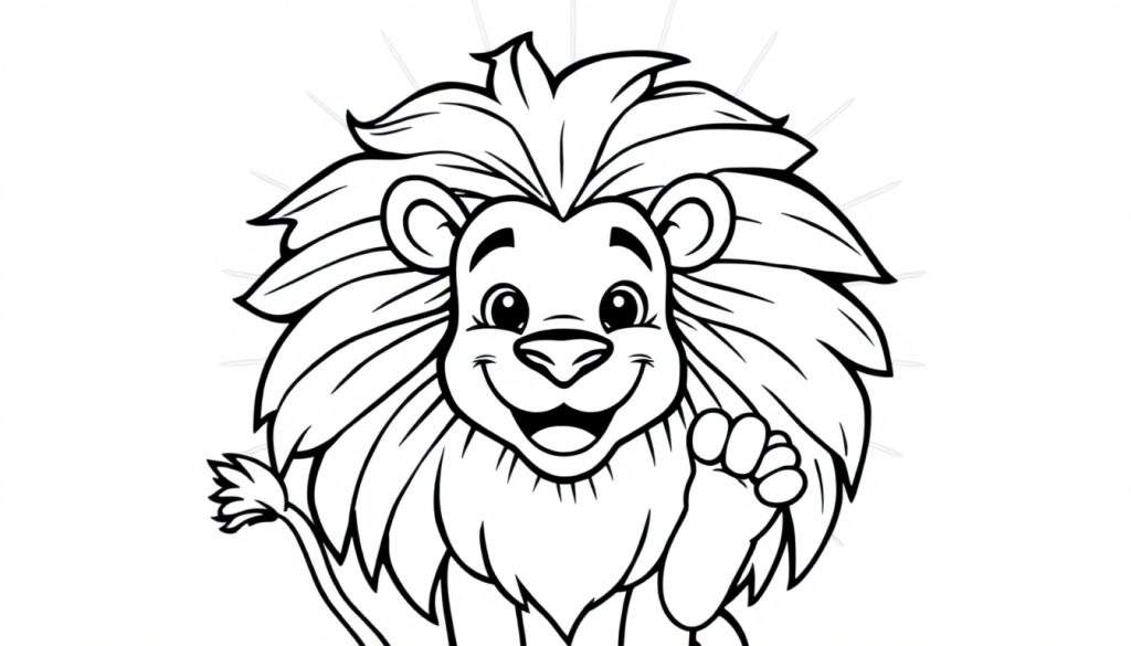 A friendly lion waving hello, ready for a color panel.
