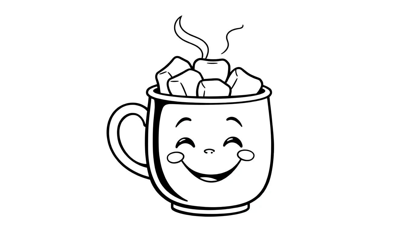 A cute smiling mug filled with marshmallows, ready for coloring. This color panel features wisps of steam rising, indicating a hot drink.