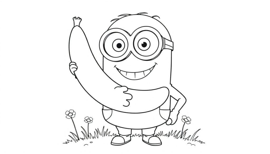 A happy Minion holding a banana in a color panel.