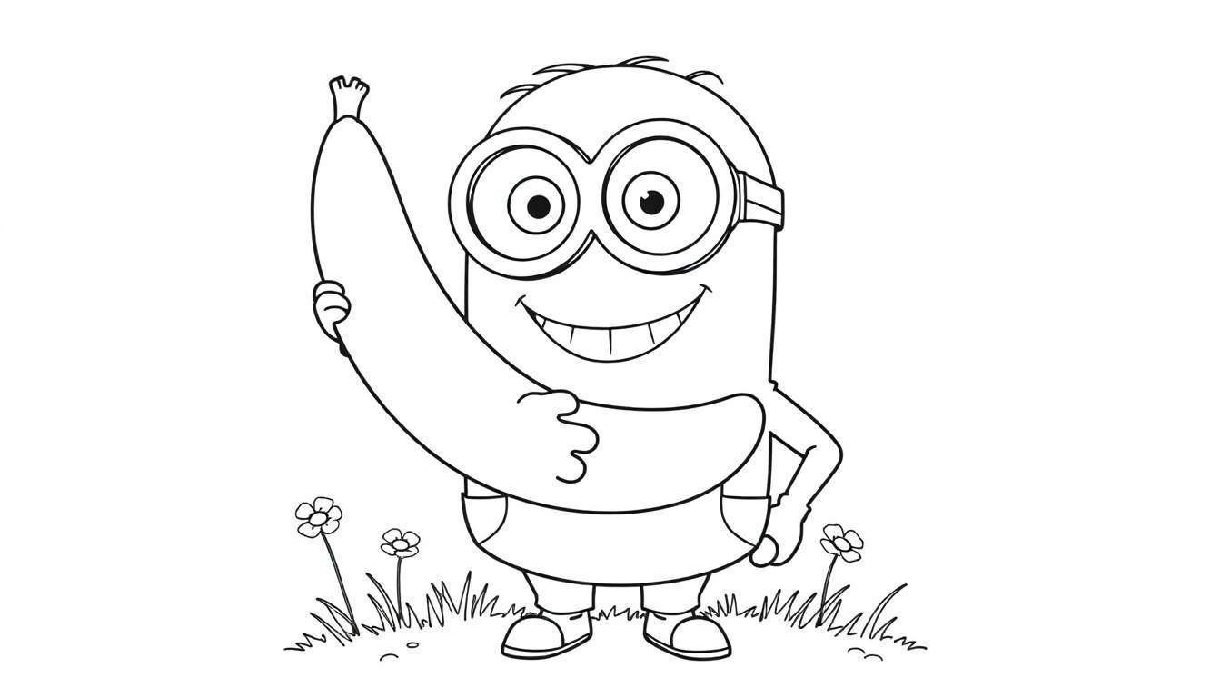 A happy Minion holding a banana in a color panel.