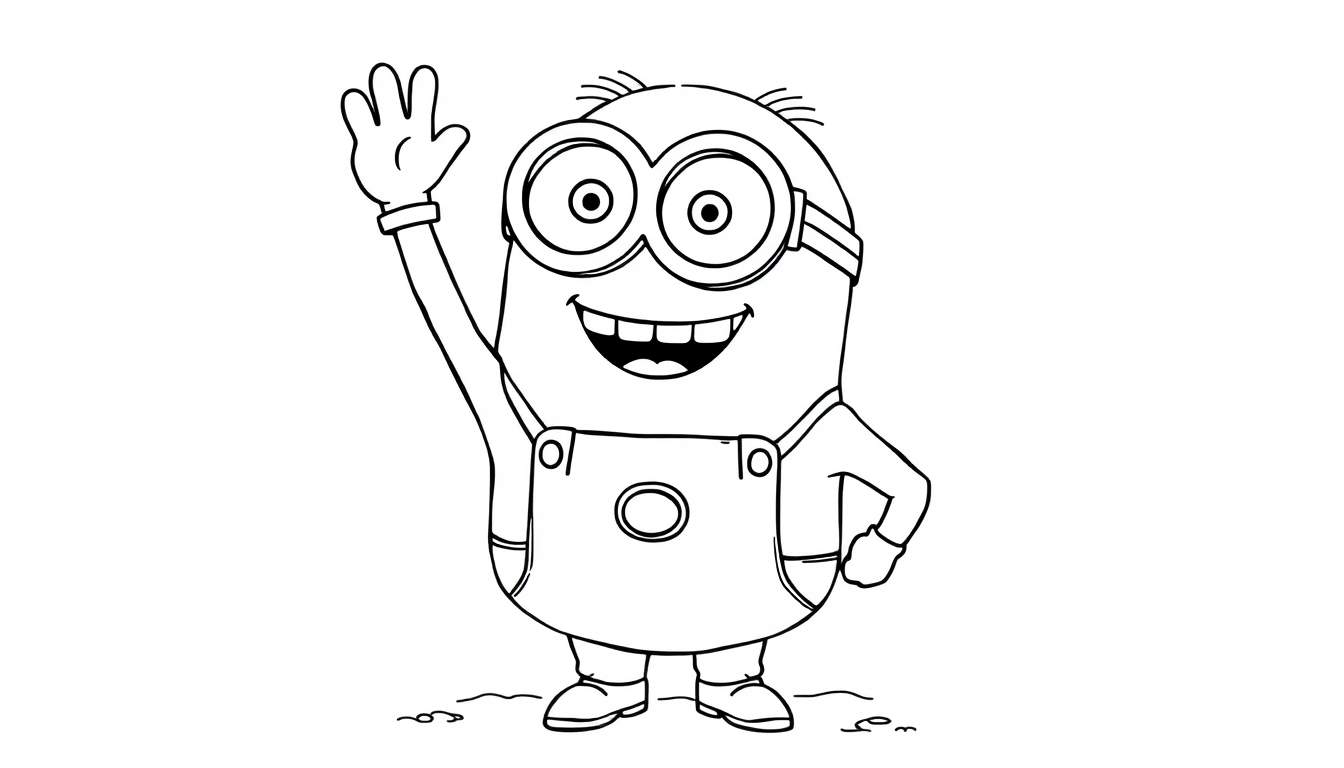 A black and white color panel showing a happy Minion waving hello.