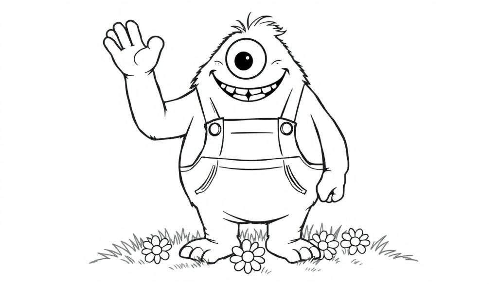 A black and white color panel of a one-eyed monster in overalls waving hello in a field of flowers.