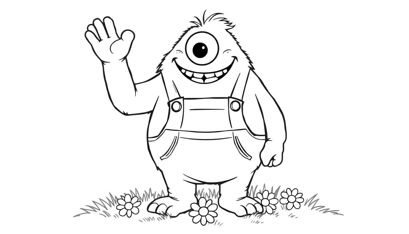 A black and white color panel of a one-eyed monster in overalls waving hello in a field of flowers.
