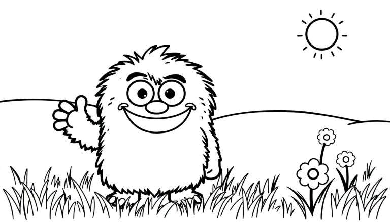A cheerful monster giving a thumbs-up in a grassy field, a black and white coloring panel.
