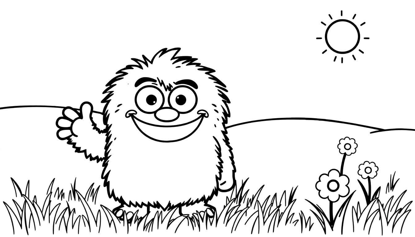A cheerful monster giving a thumbs-up in a grassy field, a black and white coloring panel.
