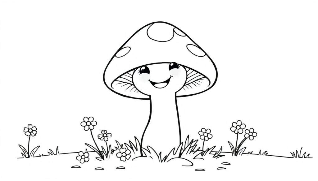 A happy mushroom with a smiling face and spotted cap on a color panel, surrounded by grass and flowers.