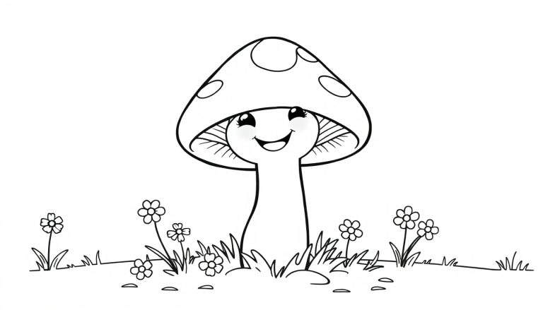 A happy mushroom with a smiling face and spotted cap on a color panel, surrounded by grass and flowers.
