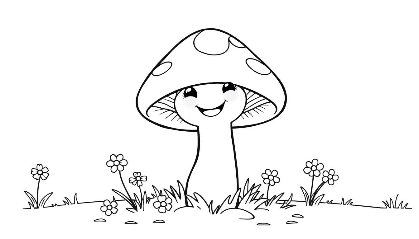 A happy mushroom with a smiling face and spotted cap on a color panel, surrounded by grass and flowers.