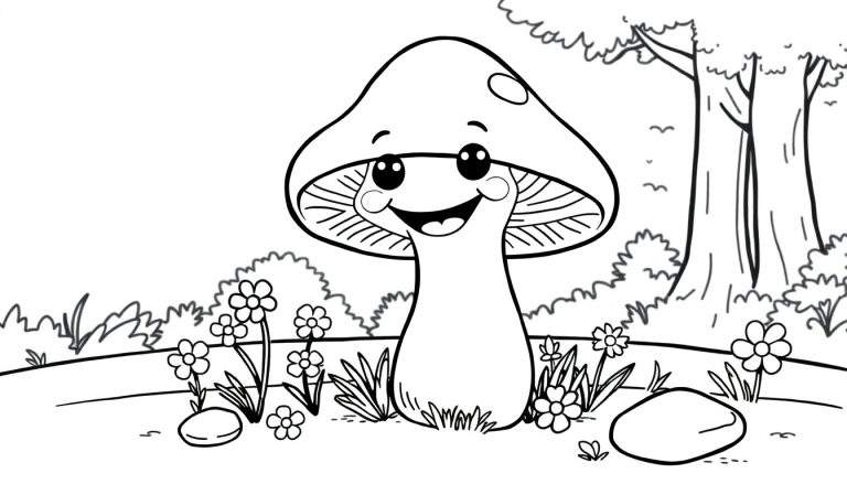 A friendly black and white mushroom coloring panel with a happy face, sitting in a field of flowers and grass with trees and birds in the background.