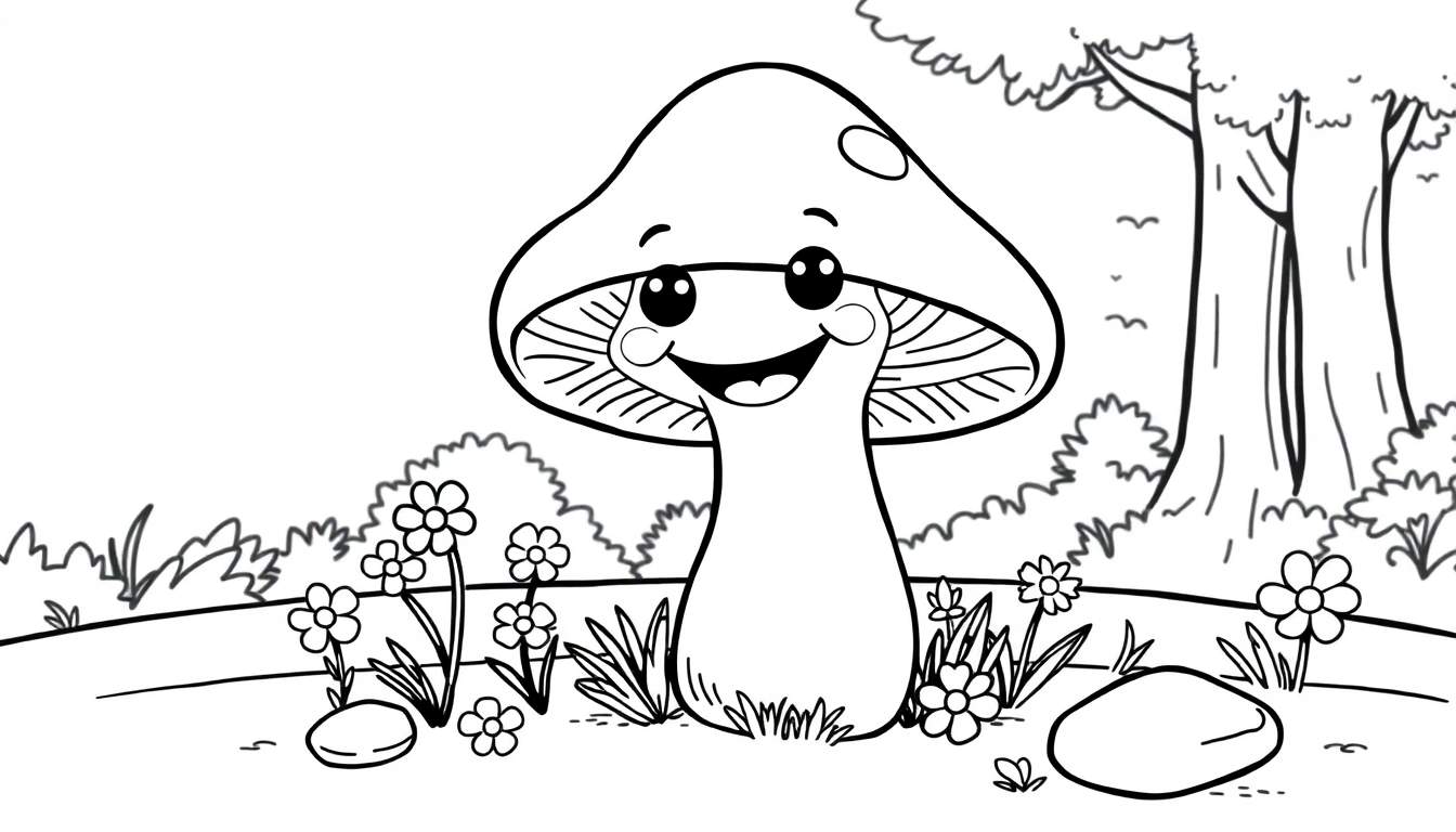 A friendly black and white mushroom coloring panel with a happy face, sitting in a field of flowers and grass with trees and birds in the background.