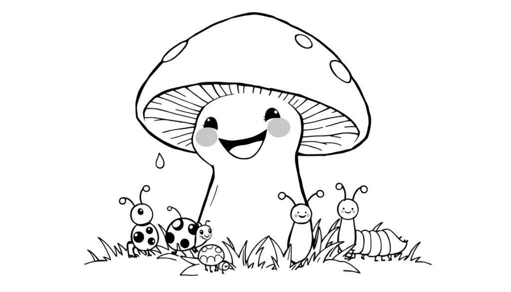 A black and white drawing of a happy cartoon mushroom with spots, surrounded by ladybugs, a snail, and caterpillars in grass, suitable for a color panel.